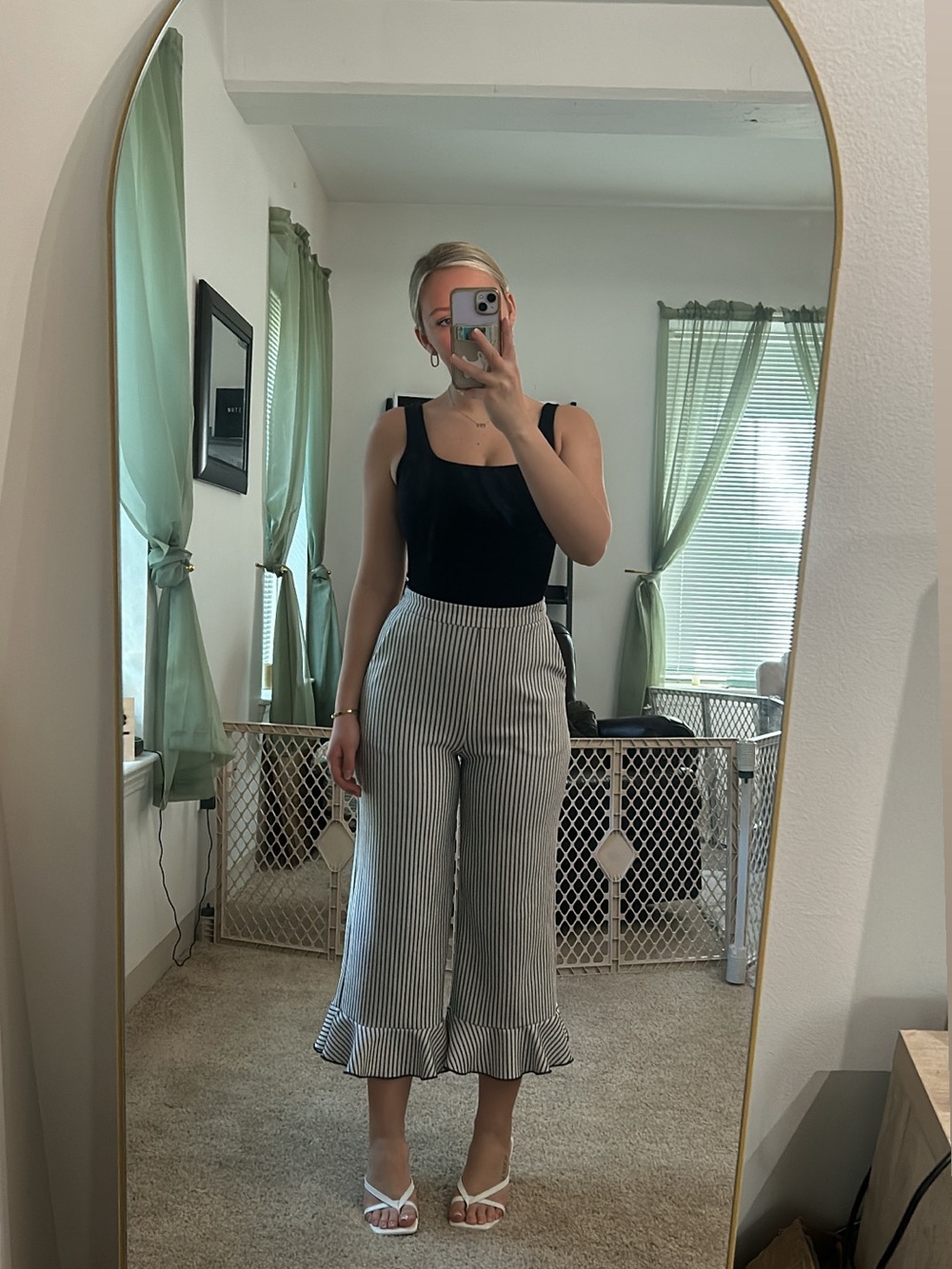 English Factory Black & White Striped Ruffle-Hem Cropped Pants